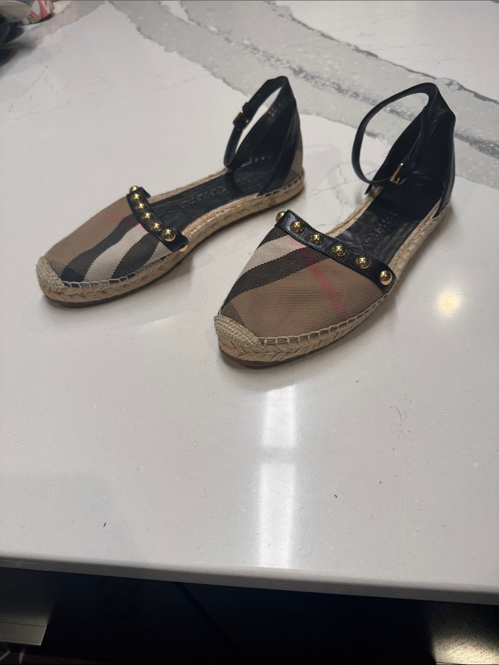 Burberry Plaid Espadrille Flats with Black Ankle Strap and Gold Studs SzEU39.5